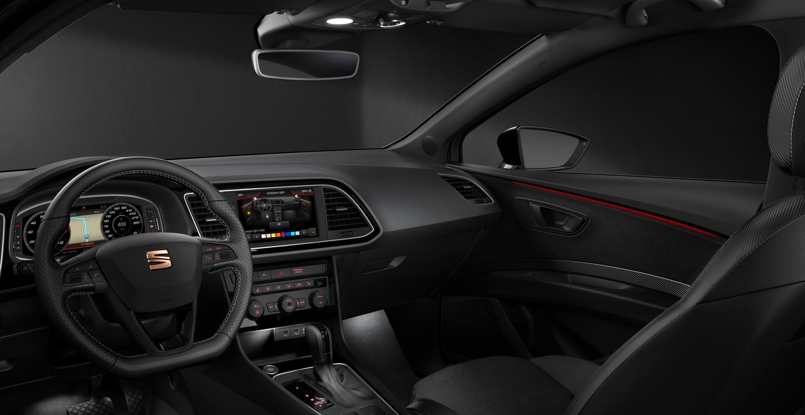 SEAT Leon CUPRA sports car multicolour ambient lighting – SEAT CUPRA Design