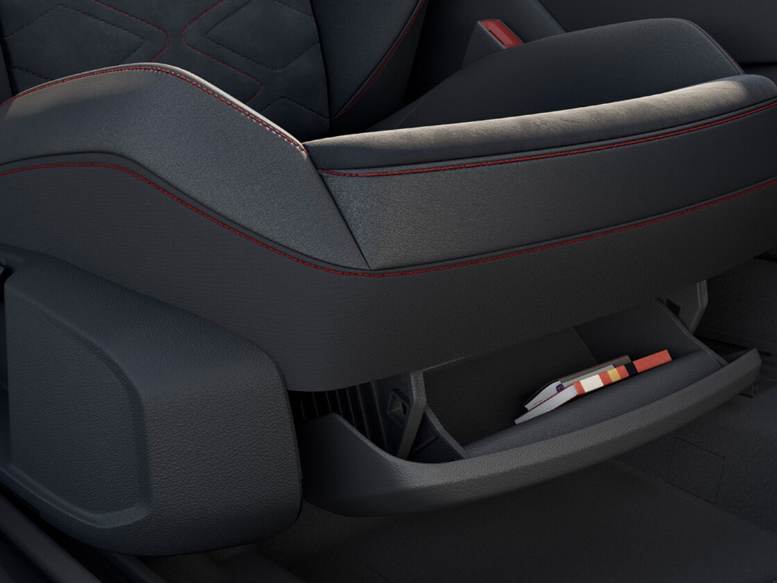 The seat leon’s interior showing ample storage options, including a variable luggage/load compartment floor, featured in five door models.