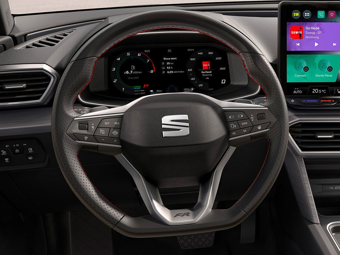 Interior of a SEAT Leon showing a full view of the heated steering wheel, which is part of the winter pack, that also features heated front seats.