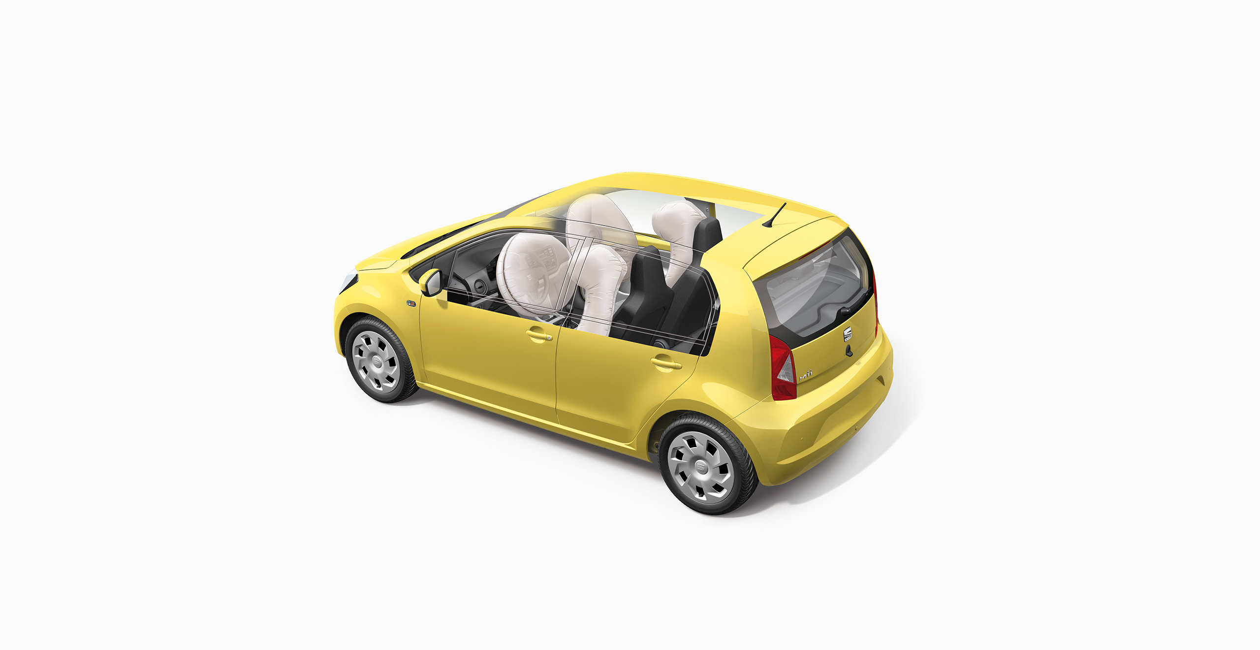 SEAT Mii airbags safety. Showing inside of the car: front and side airbags